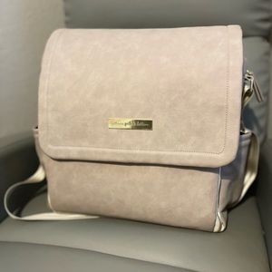 Petunia Pickle Bottom Grey Leatherette Boxy Backpack and Leather Stroller Hooks